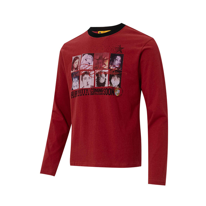 Deep red long sleeve crew neck shirt shown from the front with a portrait collage graphic and printed text