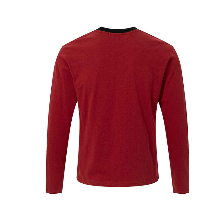 Deep red long sleeve crew neck shirt shown from the back with a plain finish and black collar trim