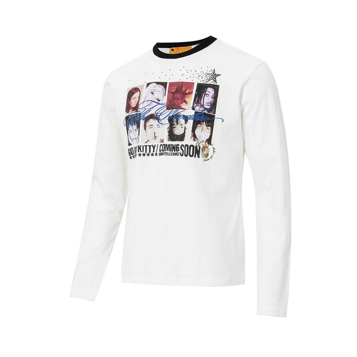White long sleeve crew neck shirt shown at an angle with a portrait collage graphic across the chest