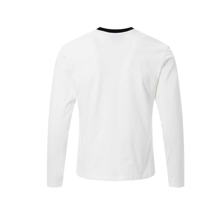 White long sleeve crew neck shirt shown from the back with a plain finish and black collar trim