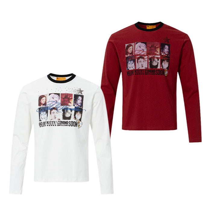 White and deep red long sleeve crew neck shirts displayed together, both featuring matching portrait collage graphics