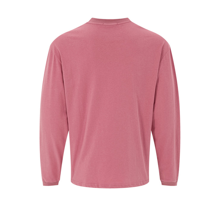 Back view of a plain pink long sleeve tee with a crew neckline and ribbed cuffs
