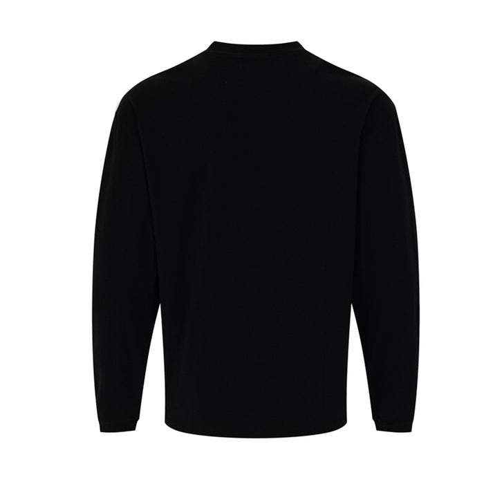 Back view of a plain black long sleeve tee with a crew neckline and ribbed cuffs
