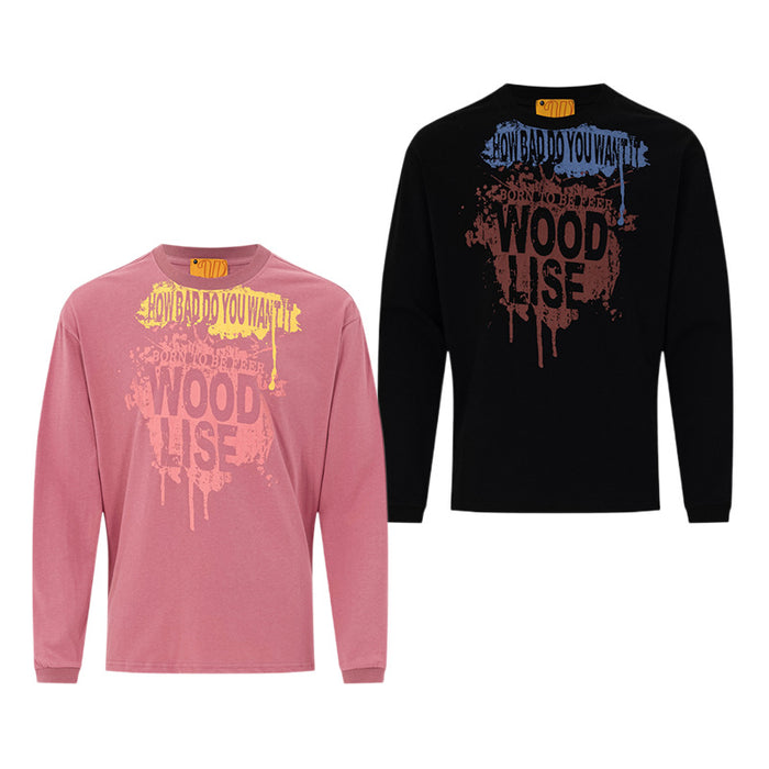 Pink and black long sleeve graphic tees shown together from the front with colorful dripping text designs