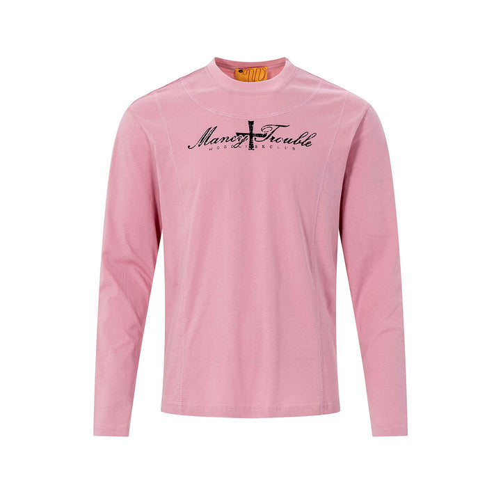 Long sleeve graphic tee with Mancy Trouble cross print on chest, mock crew neck, slim fit, shown in pink colorway