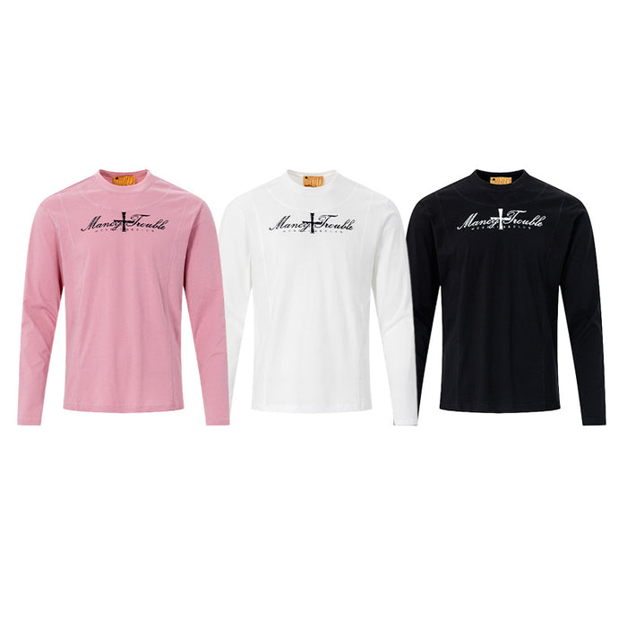 Pink, white, and black long-sleeve mock-neck shirts with matching script cross graphics on the chest