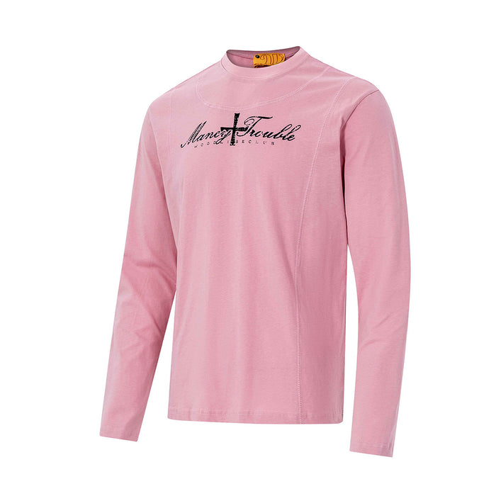 Pink long-sleeve mock-neck shirt shown from a front three-quarter angle with a black script cross graphic
