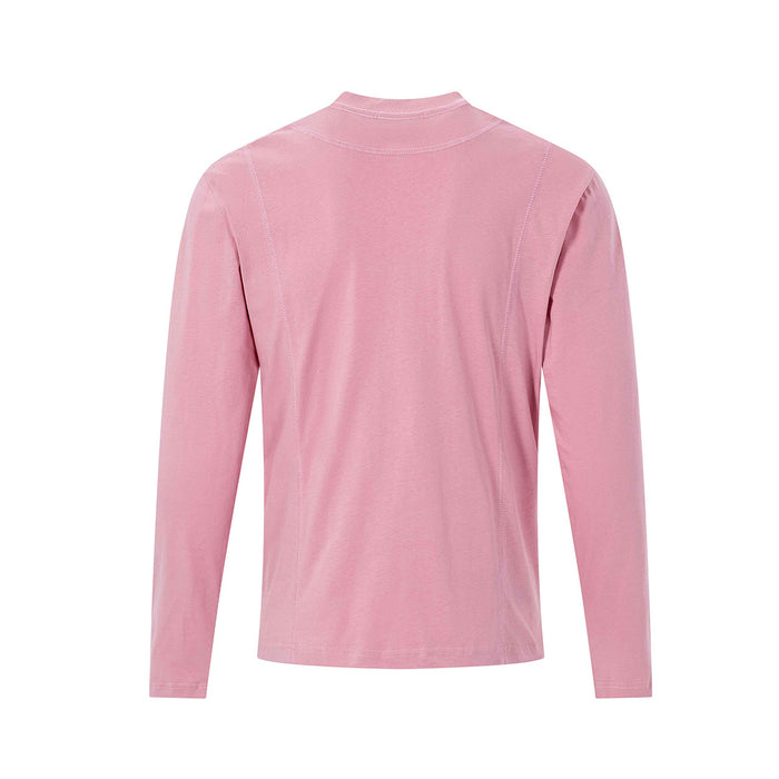 Back view of a pink long-sleeve mock-neck shirt with visible shoulder and side seam detailing