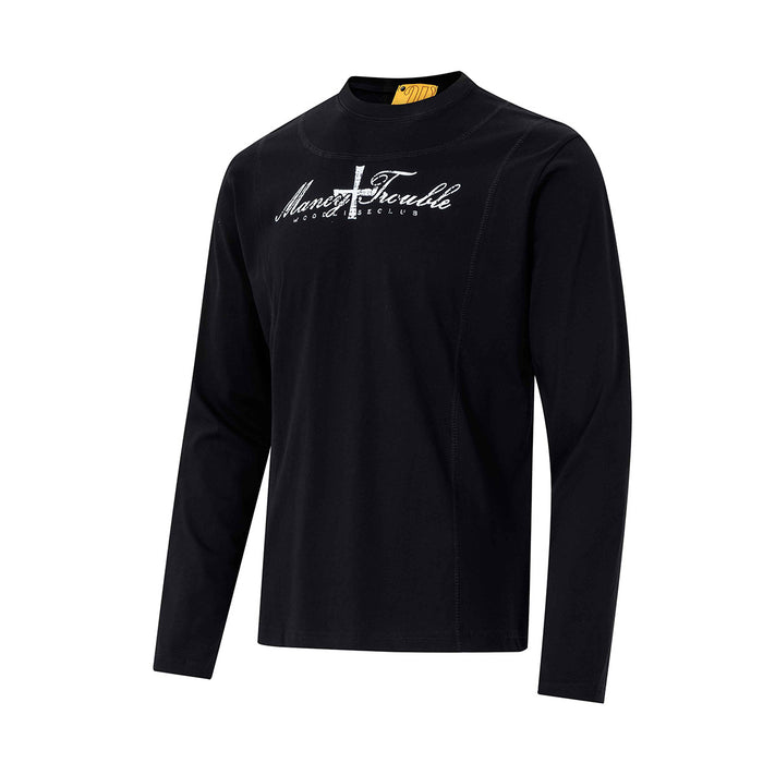 Black long-sleeve mock-neck shirt shown from a front three-quarter angle with a white script cross graphic