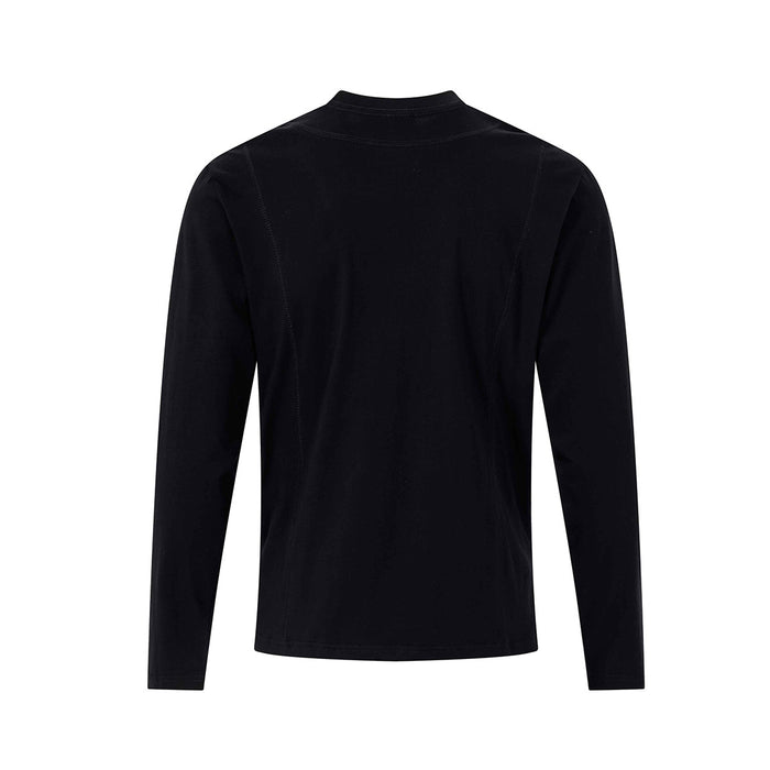 Back view of a black long-sleeve mock-neck shirt with visible shoulder and side seam detailing