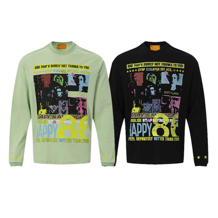 Front view of green and black long sleeve graphic tees with colorful retro pop art prints and star cuffs