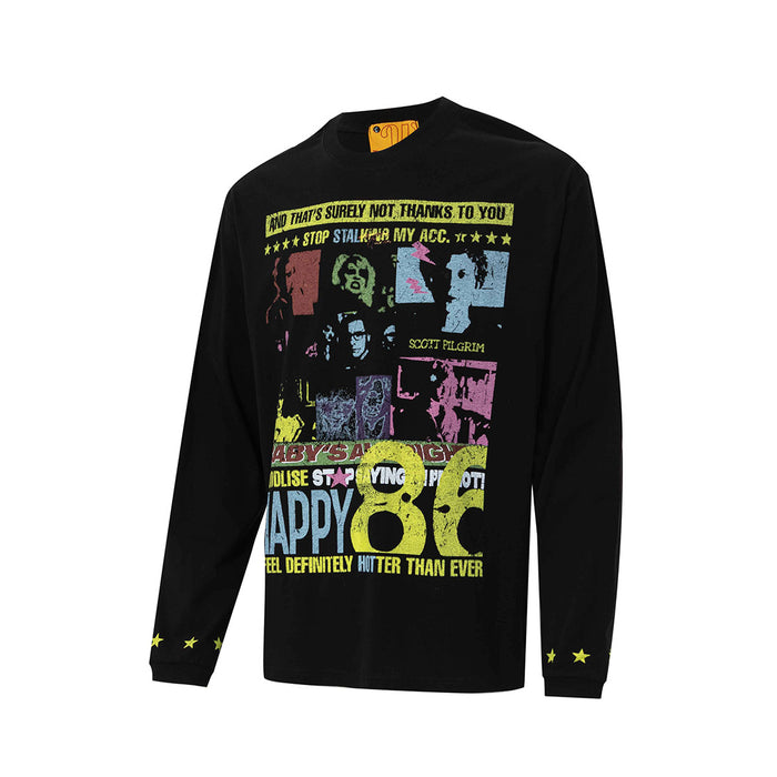 Black long sleeve graphic tee shown from the front with a colorful retro pop art print and yellow star cuffs