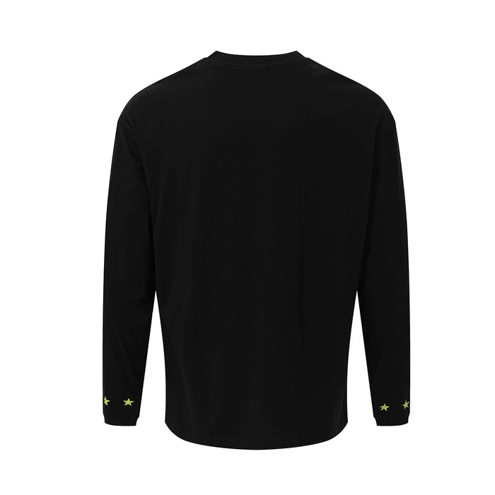 Back view of the black long sleeve tee with a plain body and yellow stars printed near both cuffs