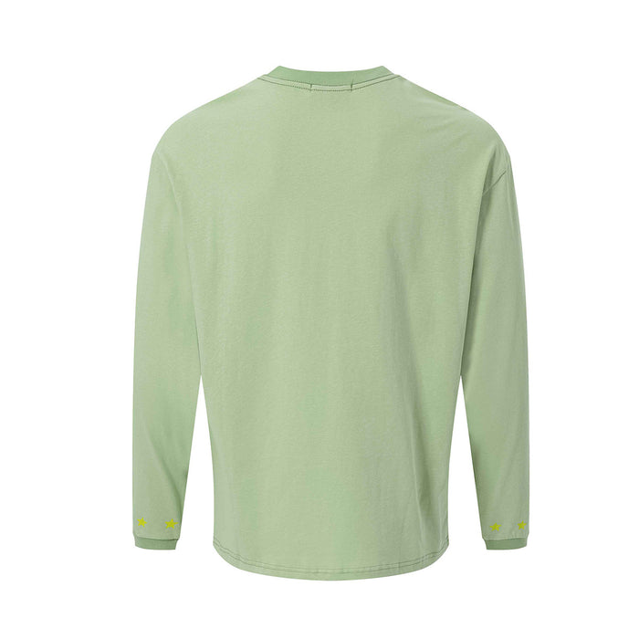 Back view of the light green long sleeve tee showing its plain fabric and yellow star details at the cuffs