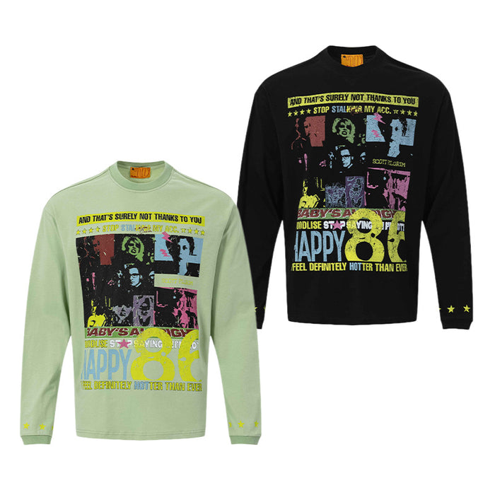 Green and black long sleeve graphic tees displayed together from the front with matching colorful prints