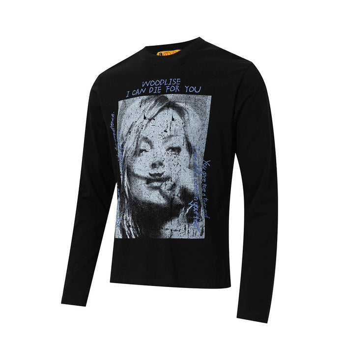 Long sleeve black graphic tee with distressed portrait print and Woodlise I Can Die For You slogan