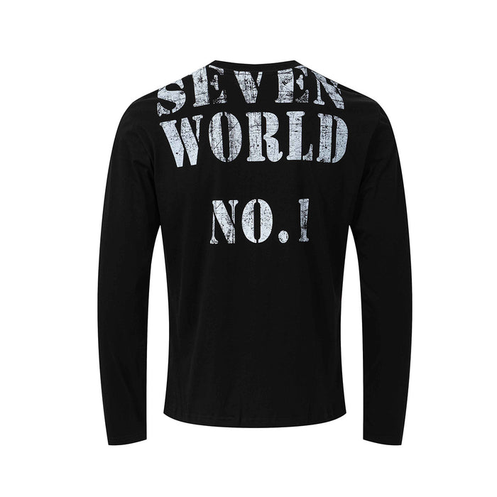 Back view of a black long-sleeve shirt with distressed white SEVEN WORLD NO.1 lettering