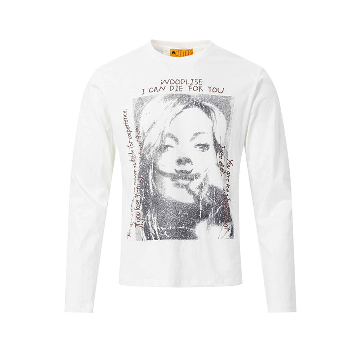White long-sleeve crew neck shirt featuring a large distressed portrait graphic with surrounding text