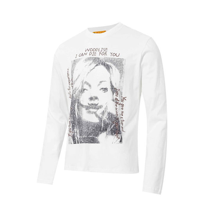 Angled front view of a white long-sleeve shirt with a distressed portrait print and text