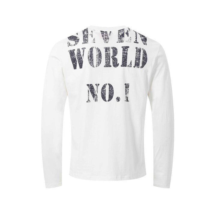 Back view of a white long-sleeve shirt with distressed dark SEVEN WORLD NO.1 lettering