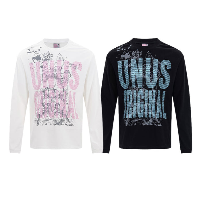 UNUS Original cat graphic long sleeve tee in white and black colorways with bold streetwear print