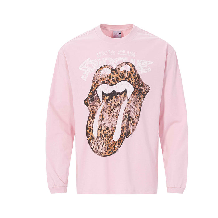Long sleeve crew-neck graphic tee with oversized distressed leopard-print lips and tongue logo on chest, shown in pink