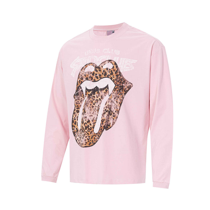 Pink long-sleeve tee showing a large leopard-print tongue and lips graphic on the front