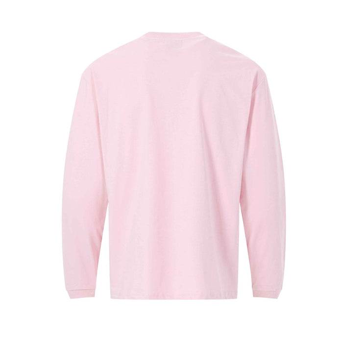 Back view of a plain pink long-sleeve tee with a crew neckline and ribbed cuffs