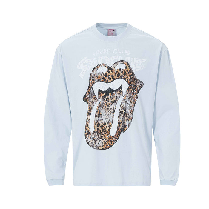 Light blue long-sleeve tee with a large leopard-print tongue and lips graphic shown front-facing