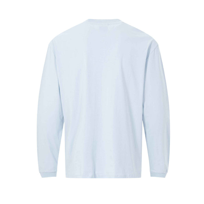 Back view of a plain light blue long-sleeve tee with a crew neckline and ribbed cuffs