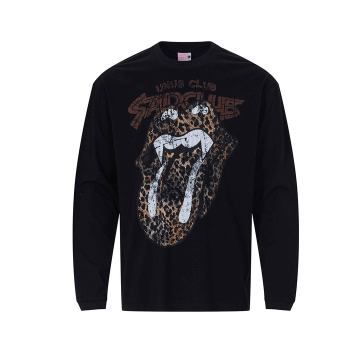 Black long-sleeve tee with a leopard-print tongue and lips graphic plus text across the chest