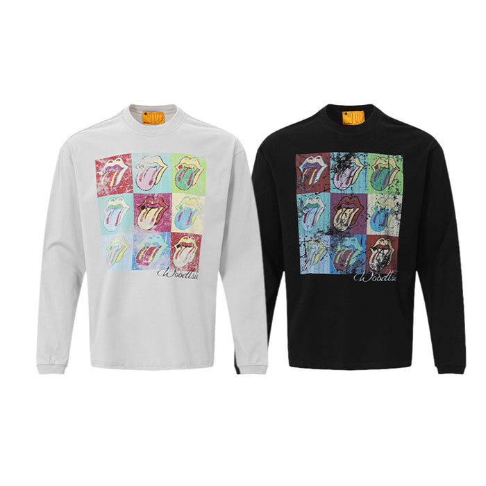 White and black long sleeve tees with colorful nine-panel tongue prints shown side by side