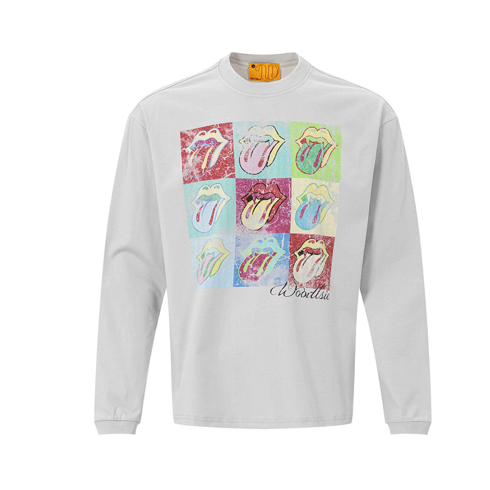 Long sleeve graphic tee with distressed pop art tongue print grid in multiple colors on off-white fabric