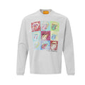 Long sleeve graphic tee with distressed pop art tongue print grid in multiple colors on off-white fabric