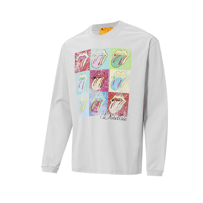White long sleeve tee shown from a slightly angled front view with a colorful nine-panel tongue graphic