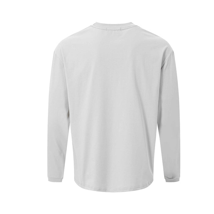 Back view of a plain white long sleeve tee with a crew neckline and ribbed cuffs
