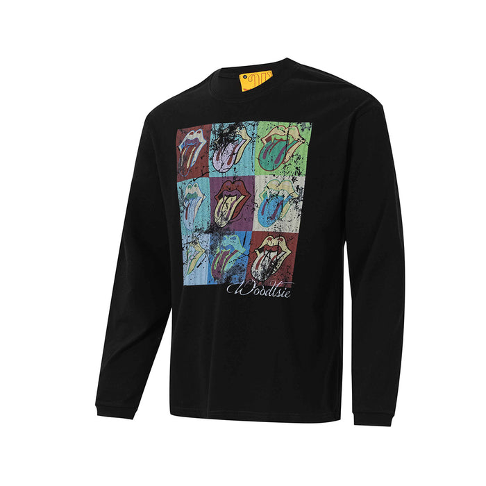 Black long sleeve tee shown at an angled front view with a colorful tongue print