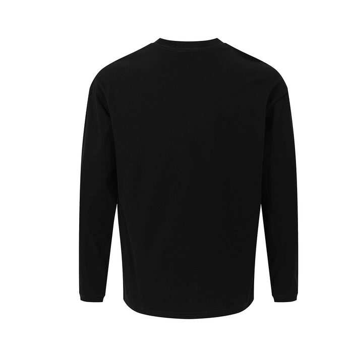 Back view of a plain black long sleeve tee with a crew neckline and ribbed cuffs