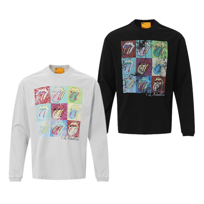 White and black long sleeve tees displayed together, both featuring colorful nine-panel tongue graphics