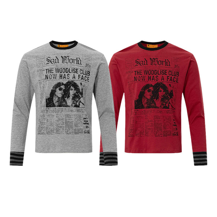 Gray and red long sleeve graphic tees with black newspaper-style front prints and striped cuffs