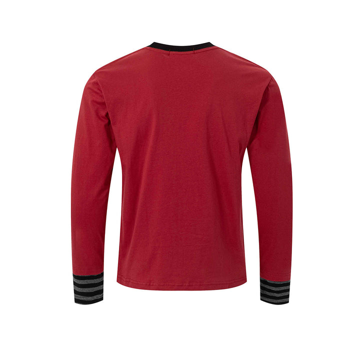 Back view of red long sleeve shirt with plain fabric, black collar, and striped cuffs