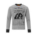 Front view of gray long sleeve shirt with black newspaper graphic and black-and-gray striped cuffs