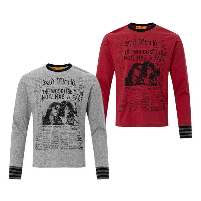 Gray and red long sleeve graphic shirts shown together with matching newspaper-style prints and striped cuffs