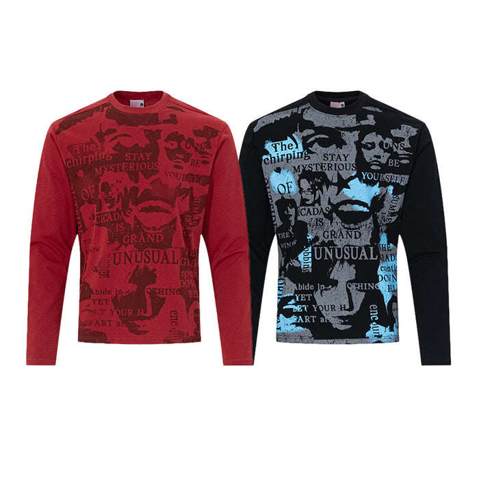 Red and black long sleeve shirts with dark collage graphics and contrasting text designs, front view