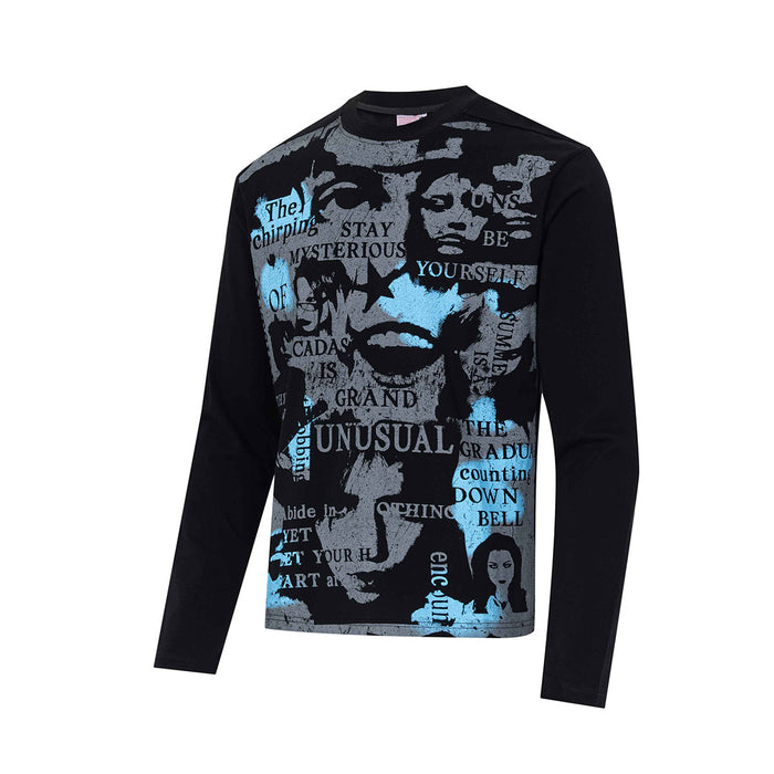 Black long sleeve shirt with blue and gray collage graphics, layered text, and slim front silhouette