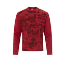 Red long sleeve shirt with dark collage graphics, layered text, and a slim front fit