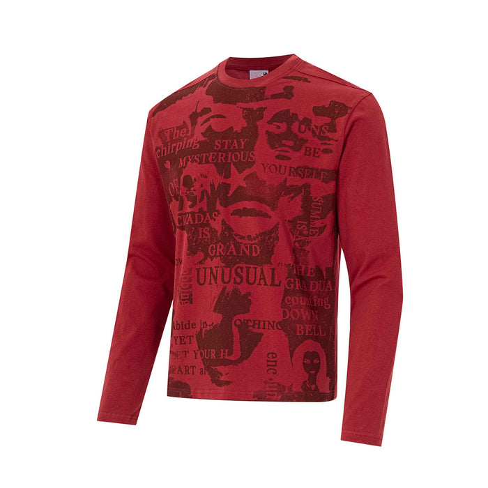 Red long sleeve collage shirt shown from a slight angled front view with dark graphic text