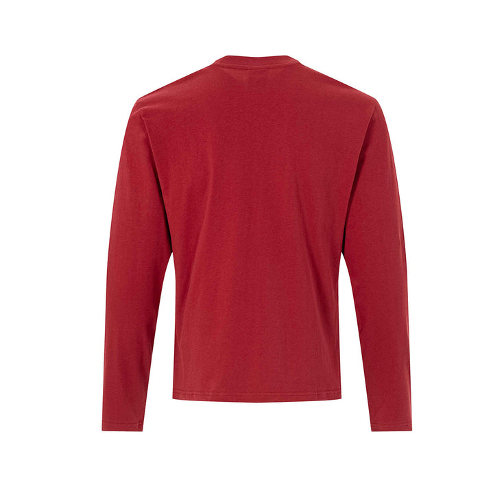 Plain red long sleeve shirt shown from the back with a simple crew neckline