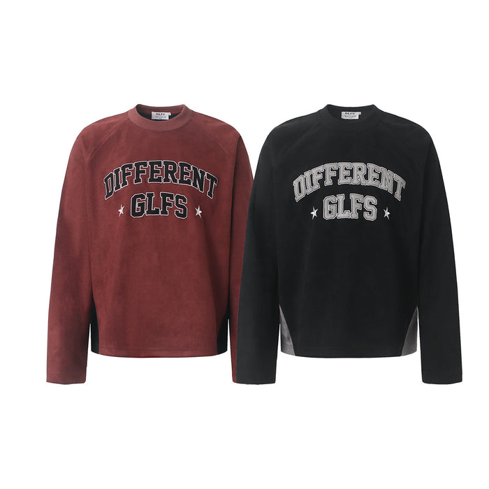 Burgundy and black long-sleeve suede-texture tees with DIFFERENT GLFS collegiate arch graphics