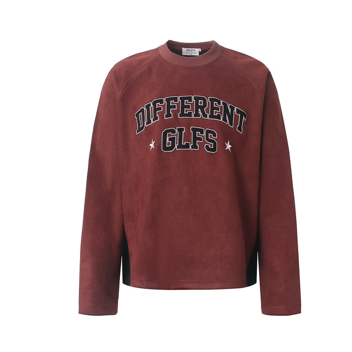 GLFS Different collegiate arch graphic long sleeve suede-texture tee in burgundy with contrast black panels